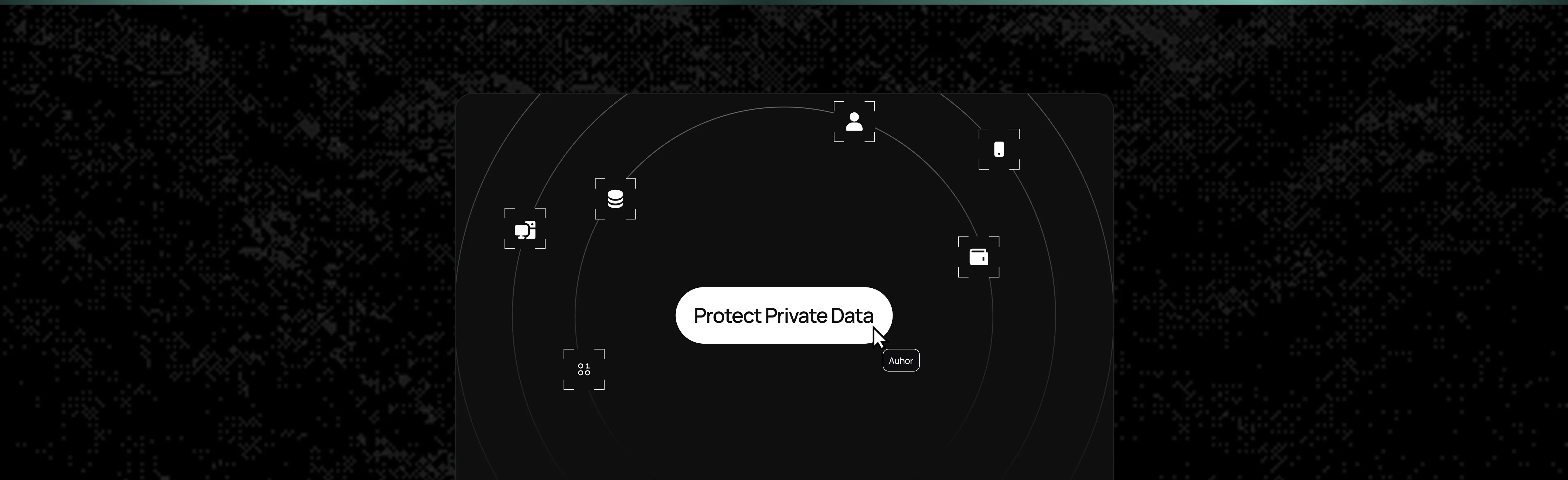 Dark-themed digital interface with icons representing a person, database, mobile phone, wallet, chat bubble, and network nodes surrounding a central white speech bubble containing the text 'Protect Private Data' with a cursor hovering over it.