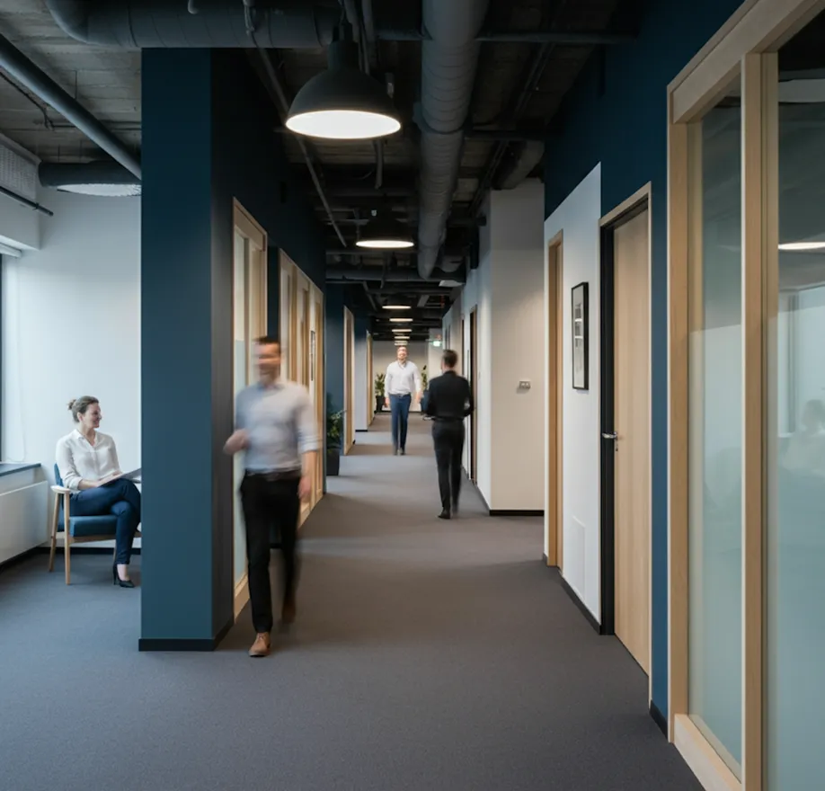 Modern office hallway with blue and white walls, wooden doors, overhead industrial lighting, and four people present, one woman sitting and three men walking.
