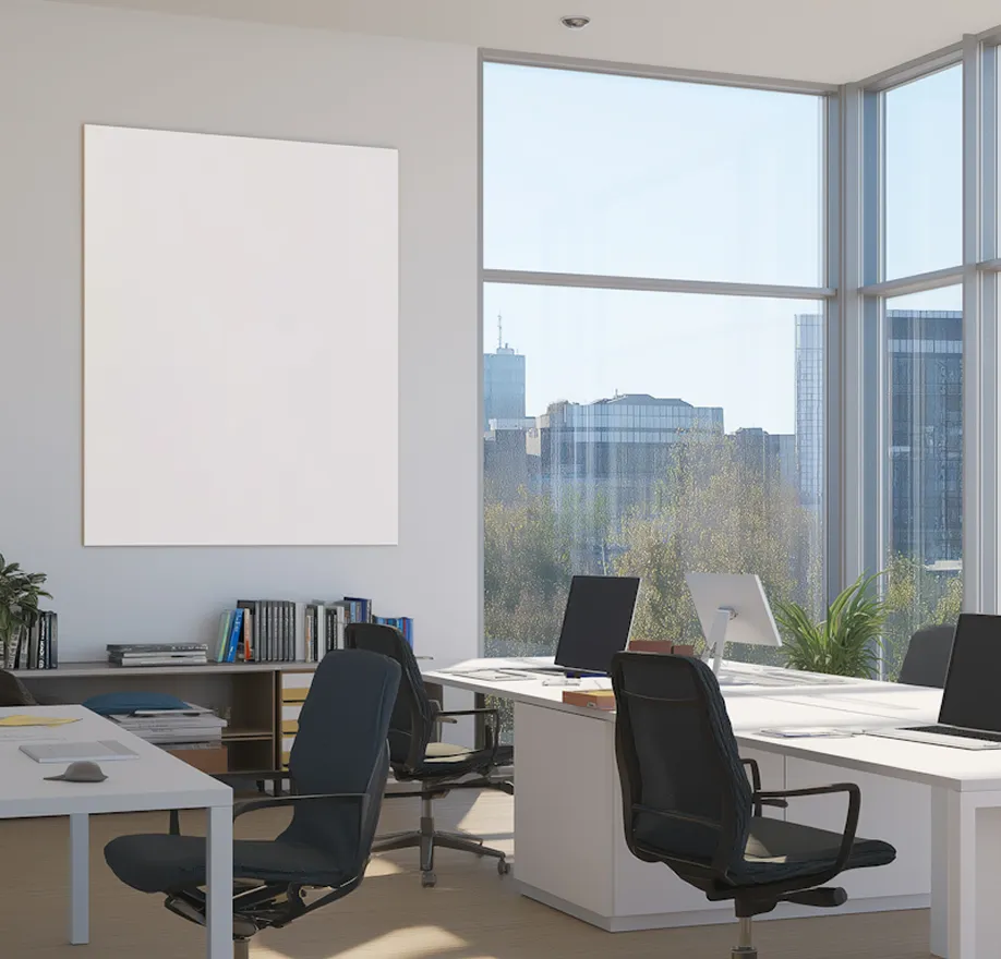 Bright modern office space with large windows showing a cityscape, several white desks with laptops and monitors, black office chairs, a low bookshelf with books, and some green plants.