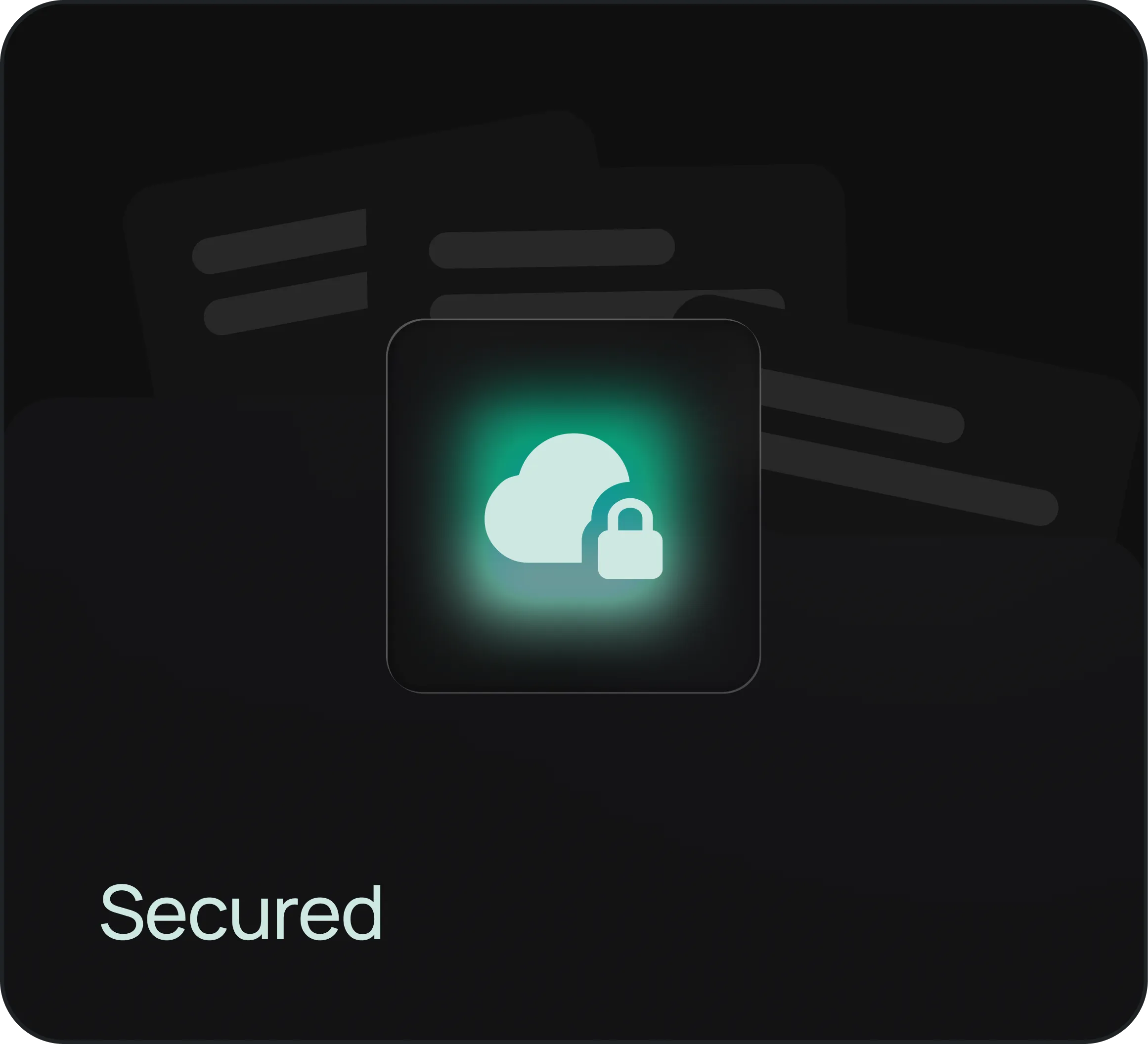 Icon showing a cloud with a padlock in front, glowing teal in a dark square, with the word Secured beneath it indicating cloud security.