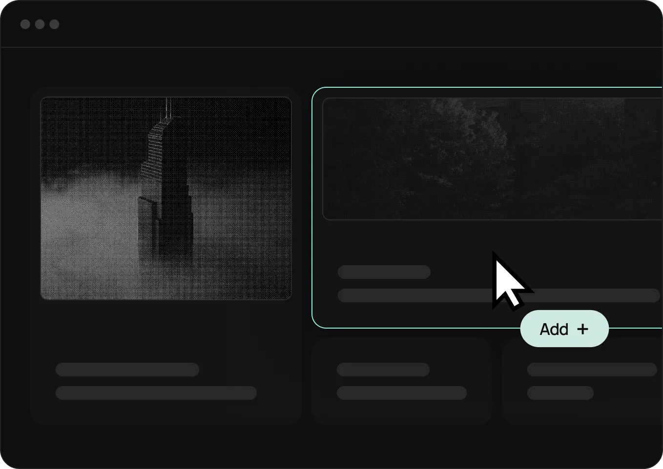 Dark user interface screen showing a black and white pixelated image of a tall building on the left and a cursor hovering over a rounded rectangular button labeled 'Add +' on the right.