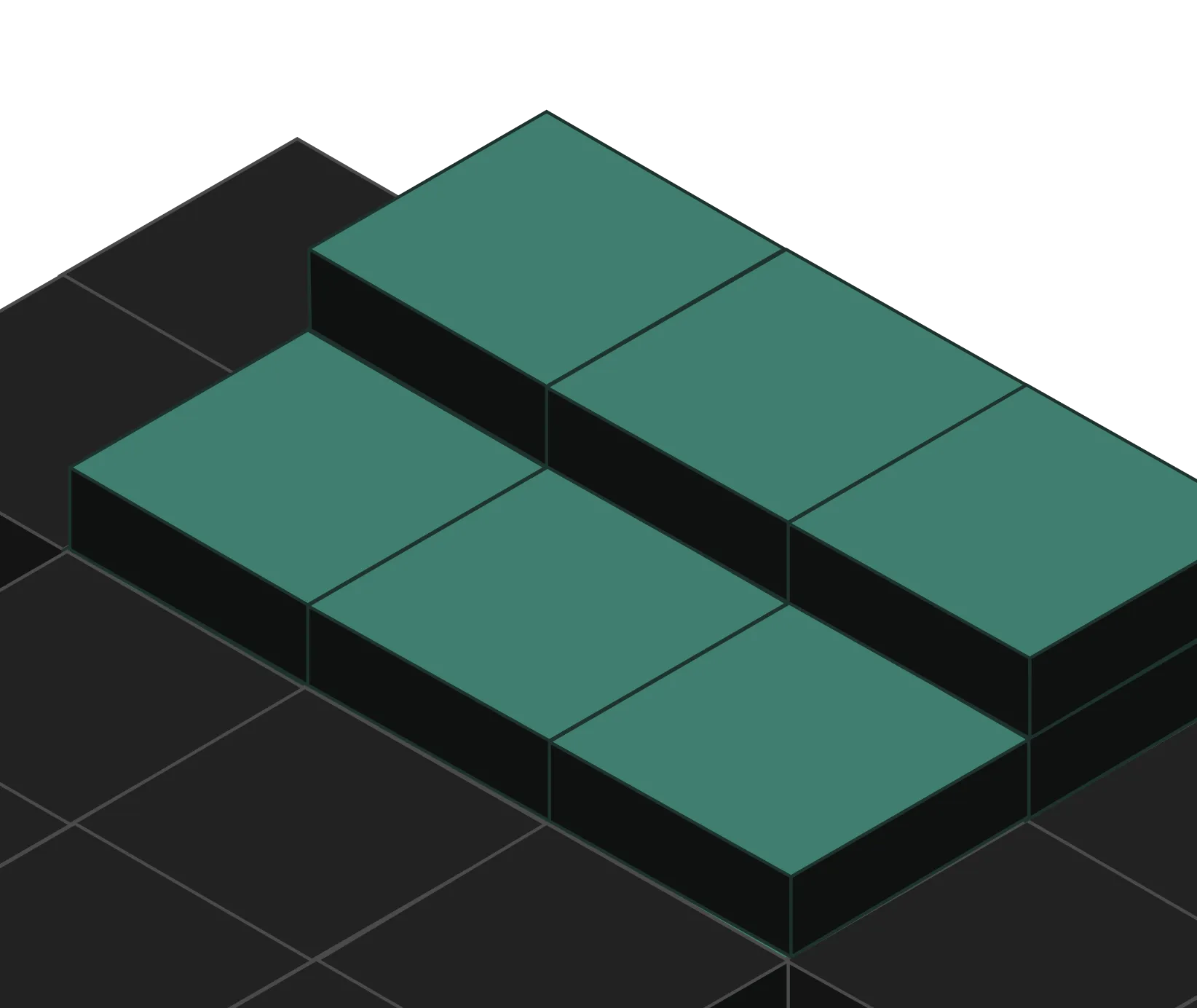 Isometric illustration of six dark green rectangular blocks arranged in two staggered rows on a black grid surface.