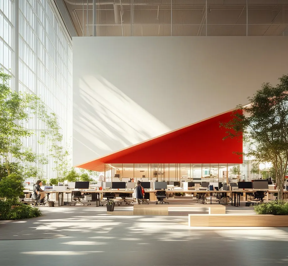 Spacious modern office with high ceilings and large floor-to-ceiling windows on the left letting in natural light, a steep red geometric wall feature in the background, long desks with computer monitors, office chairs, and a few people working, surrounded by green plants and trees inside the space.