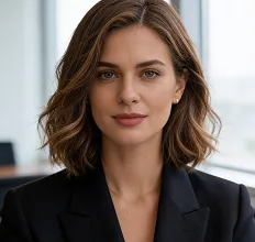 Portrait of a woman with shoulder-length wavy brown hair wearing a black blazer, looking directly at the camera with a neutral expression, indoors with a blurred background.