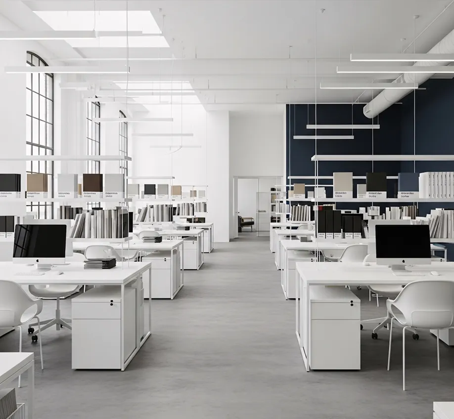 Bright modern open-plan office with white desks and chairs, desktop computers, bookshelves filled with organized books and folders, large industrial-style windows allowing natural light, and minimalist ceiling lighting fixtures.
