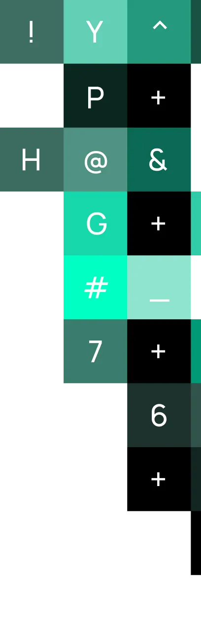 Grid of colored squares in shades of green and black, each containing a white symbol or letter: top row ! Y ^, second row blank P +, third row H @ &, fourth row blank G +, fifth row # -, sixth row 7 +, seventh row blank 6 +.