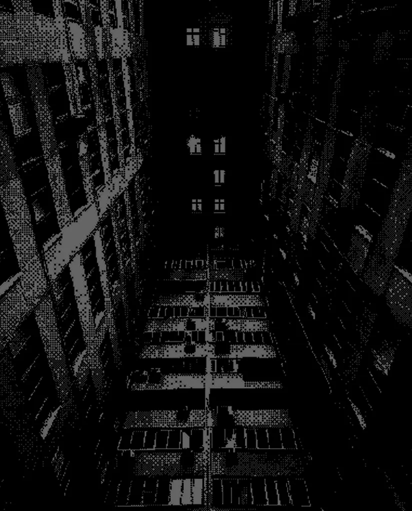Narrow view between two tall buildings with multiple rows of windows reflecting on a glass surface below, creating symmetrical patterns.
