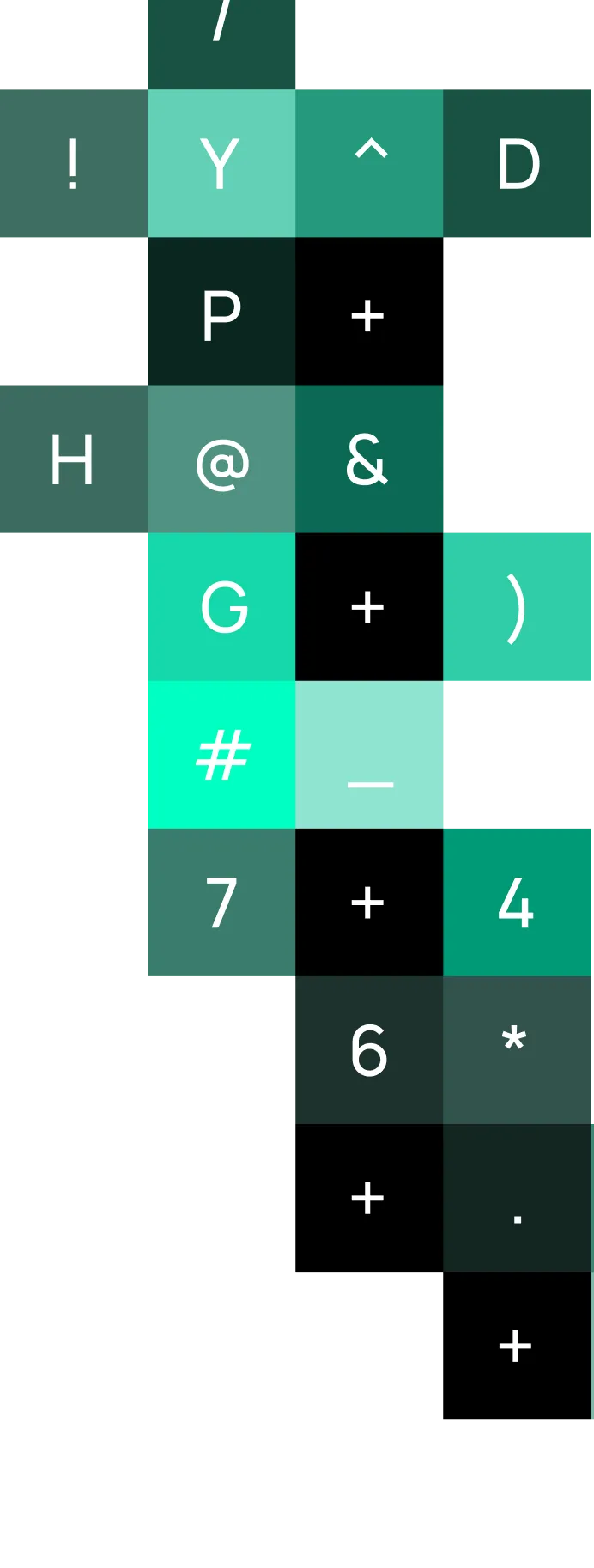 A grid of colored squares with white characters including letters (Y, D, P, H, G), numbers (7, 6, 4), and symbols (!, /, ^, +, @, &, ), #, _, *, ., arranged in a pattern on a black background.