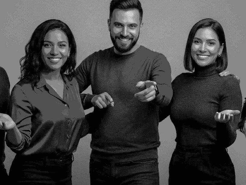 Three young adults standing together, smiling at the camera; the man in the center points forward while the women on either side gesture openly with one hand.