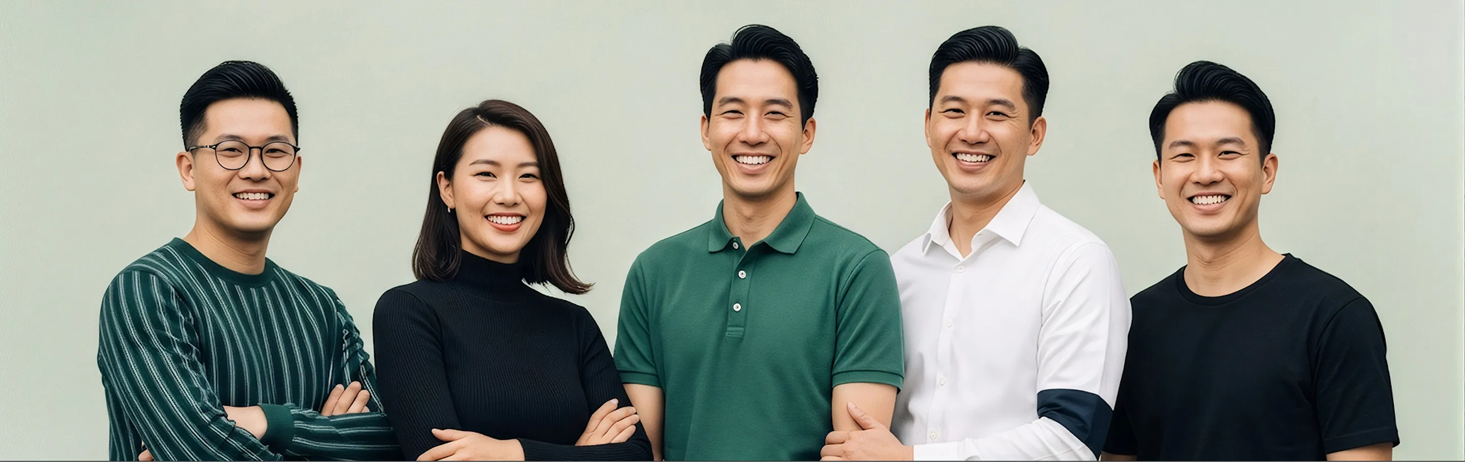 Five smiling young Asian adults standing side by side against a plain light background, dressed casually in a mix of striped sweater, black turtleneck, green polo, white shirt, and black t-shirt.