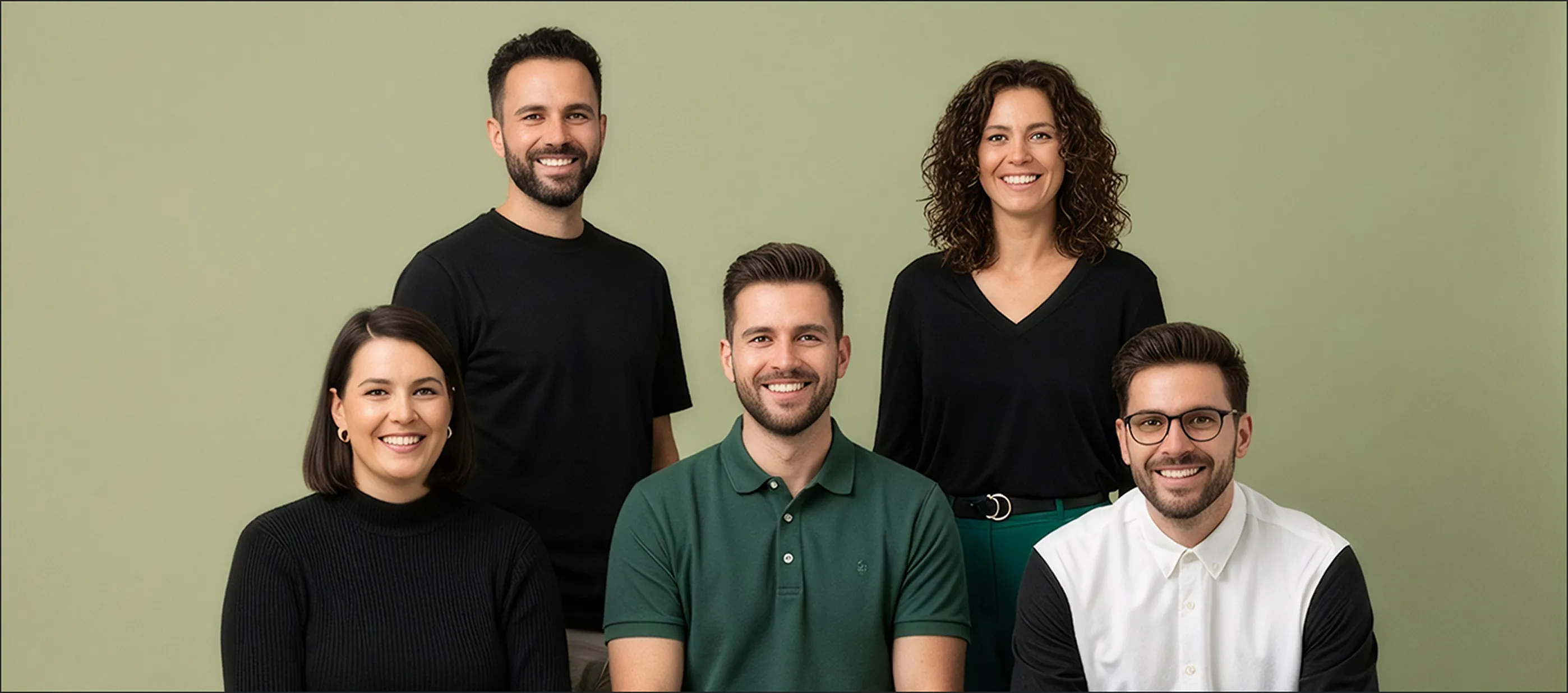 Group portrait of five smiling adults standing and sitting against a light olive green background, four men and one woman, dressed in casual shirts and tops.